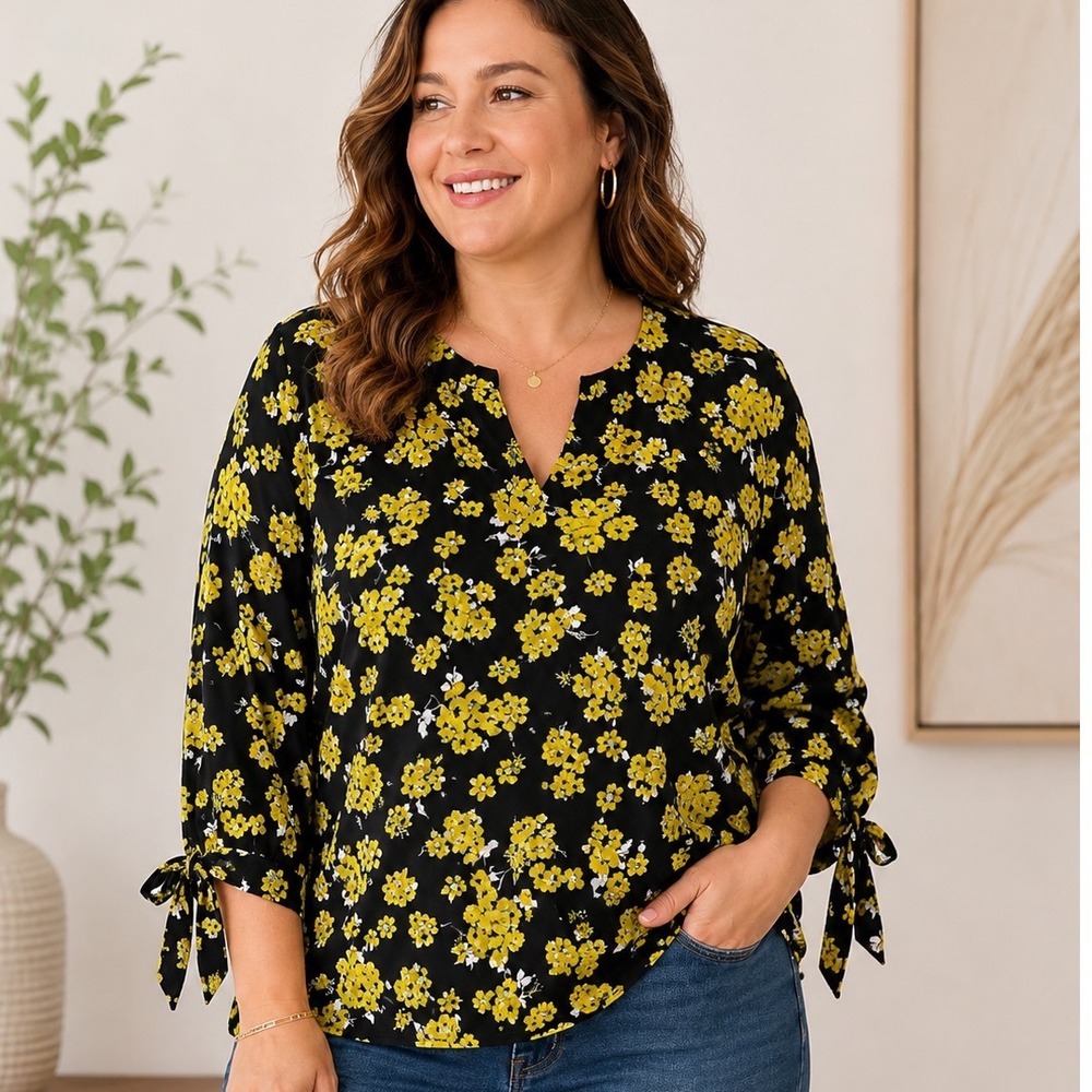 Michael Kors Large Yellow Black Floral Split Neck Tie Sleeve Lightweight Blouse